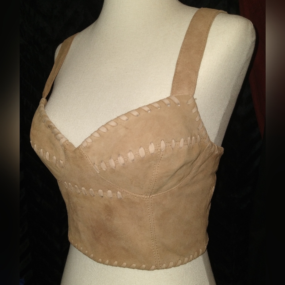 Nasty Gal Genuine Leather Suede Tan Sweetheart Corset Crop Top ~ Sz S